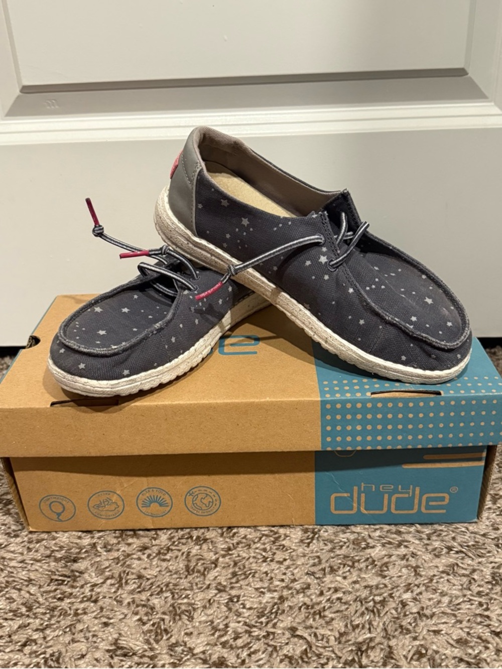NWT Hey Dude Navy Canvas Slip-Ons with White Star Print and Pink Accents